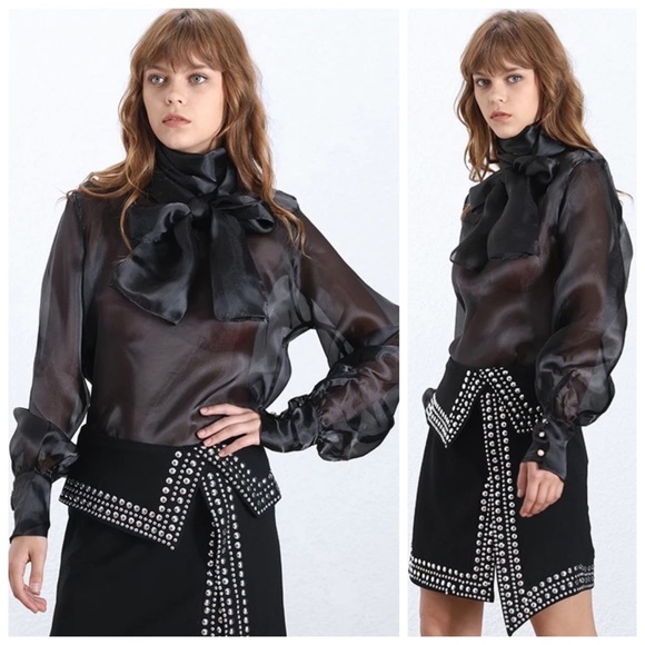 Black & White Sheer Organza Dramatic Bow Top - Picture 2 of 8